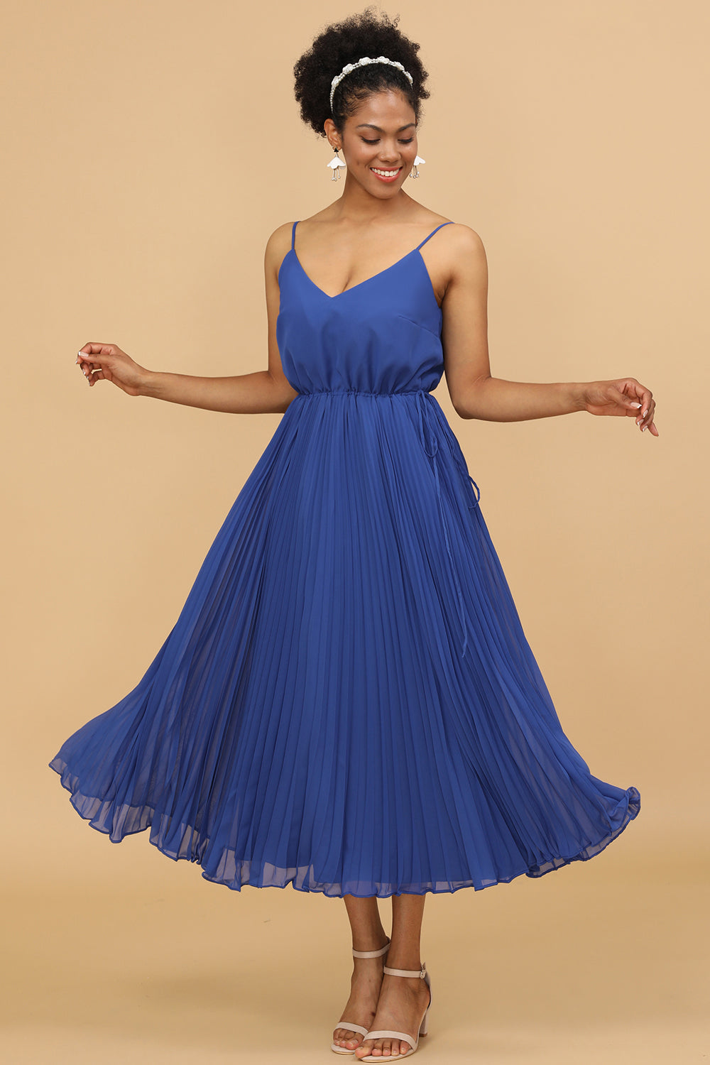 A Line Spaghetti Straps Royal Blue Tea Length Bridesmaid Dress