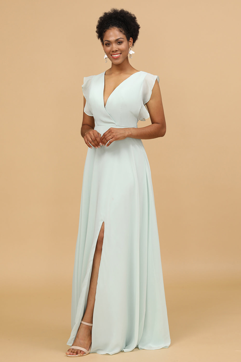 Mint Chiffon V-Neck Bridesmaid Dress