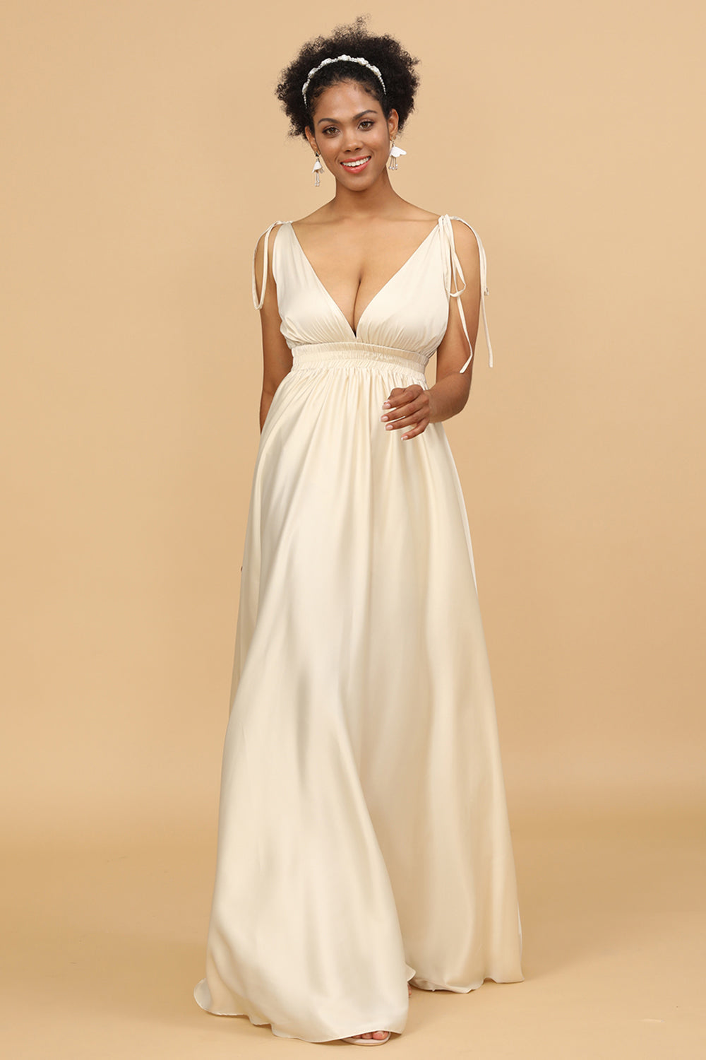 Ivory Deep V-Neck Backless Long Bridesmaid Dress