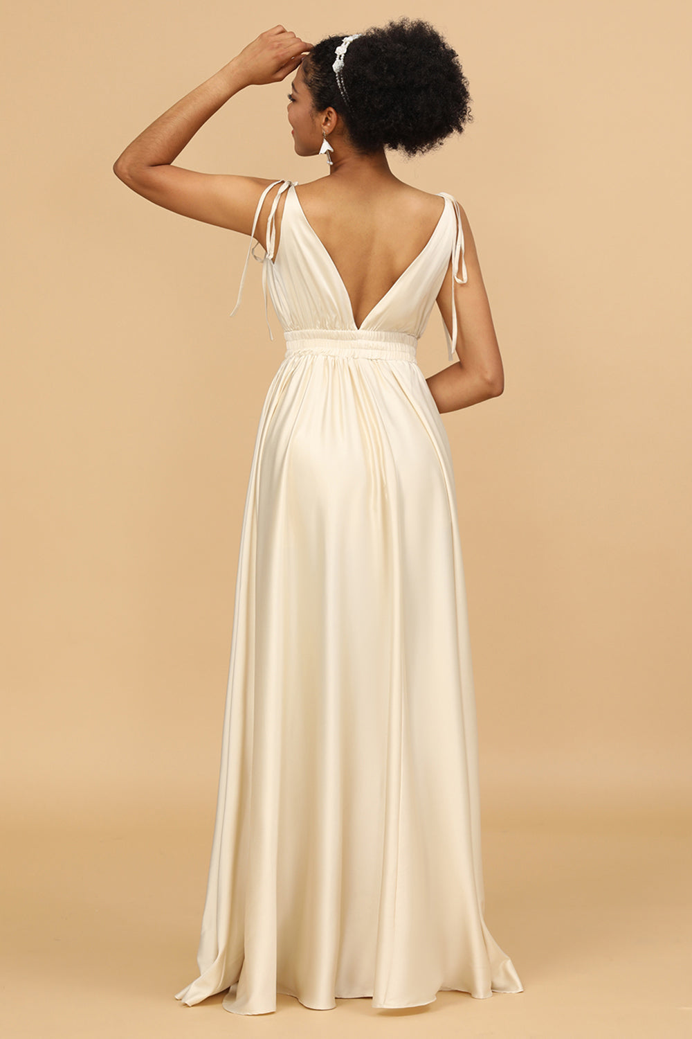 Ivory Deep V-Neck Backless Long Bridesmaid Dress