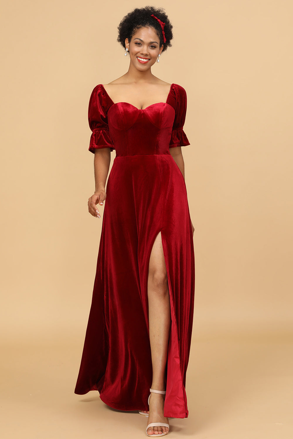 Red Velvet Half Sleeves Bridesmaid Dress With Slit