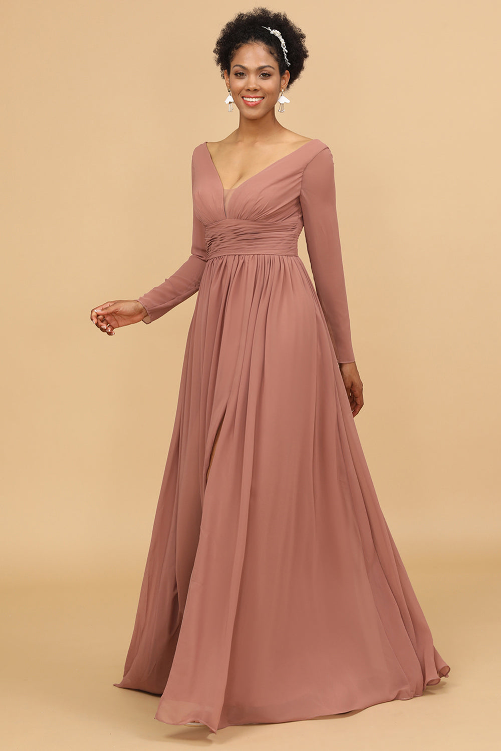 Blush V-Neck Long Sleeves Bridesmaid Dress