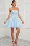 Blue Tulle Short Prom Dress with Appliques