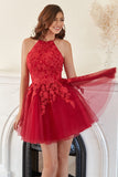 A Line Halter Red Short Homecoming Dress with Appliques