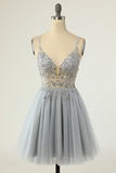 Gorgeous A Line Spaghetti Straps Grey Short Homecoming Dress with Beading