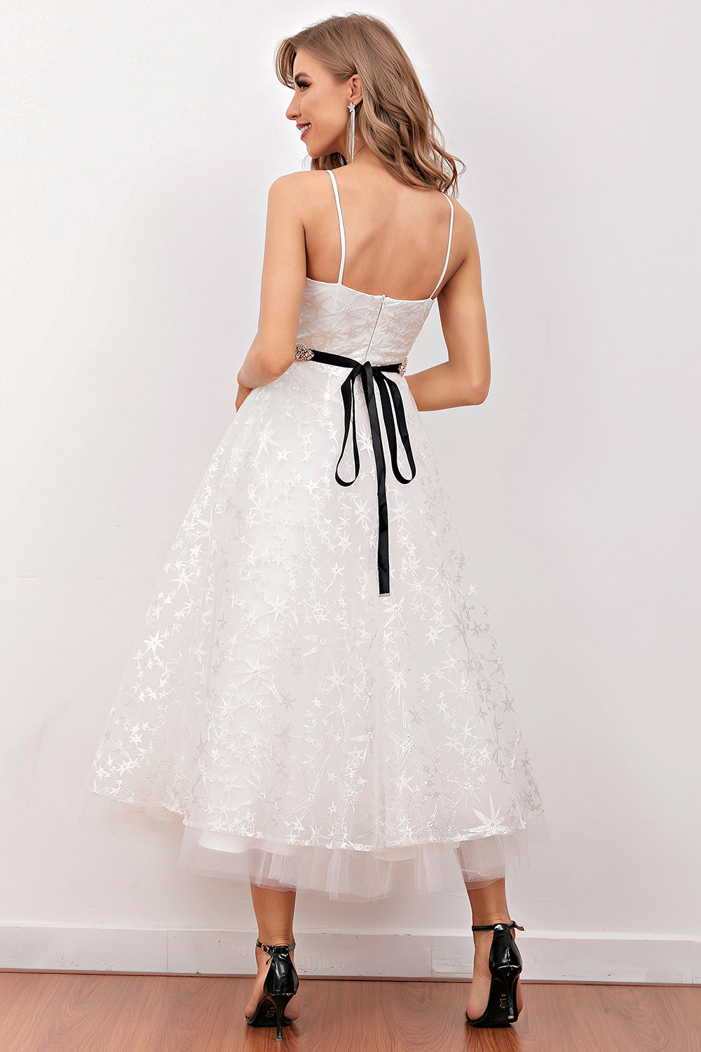 White Lace Midi Prom Dress (Belt Not Included)