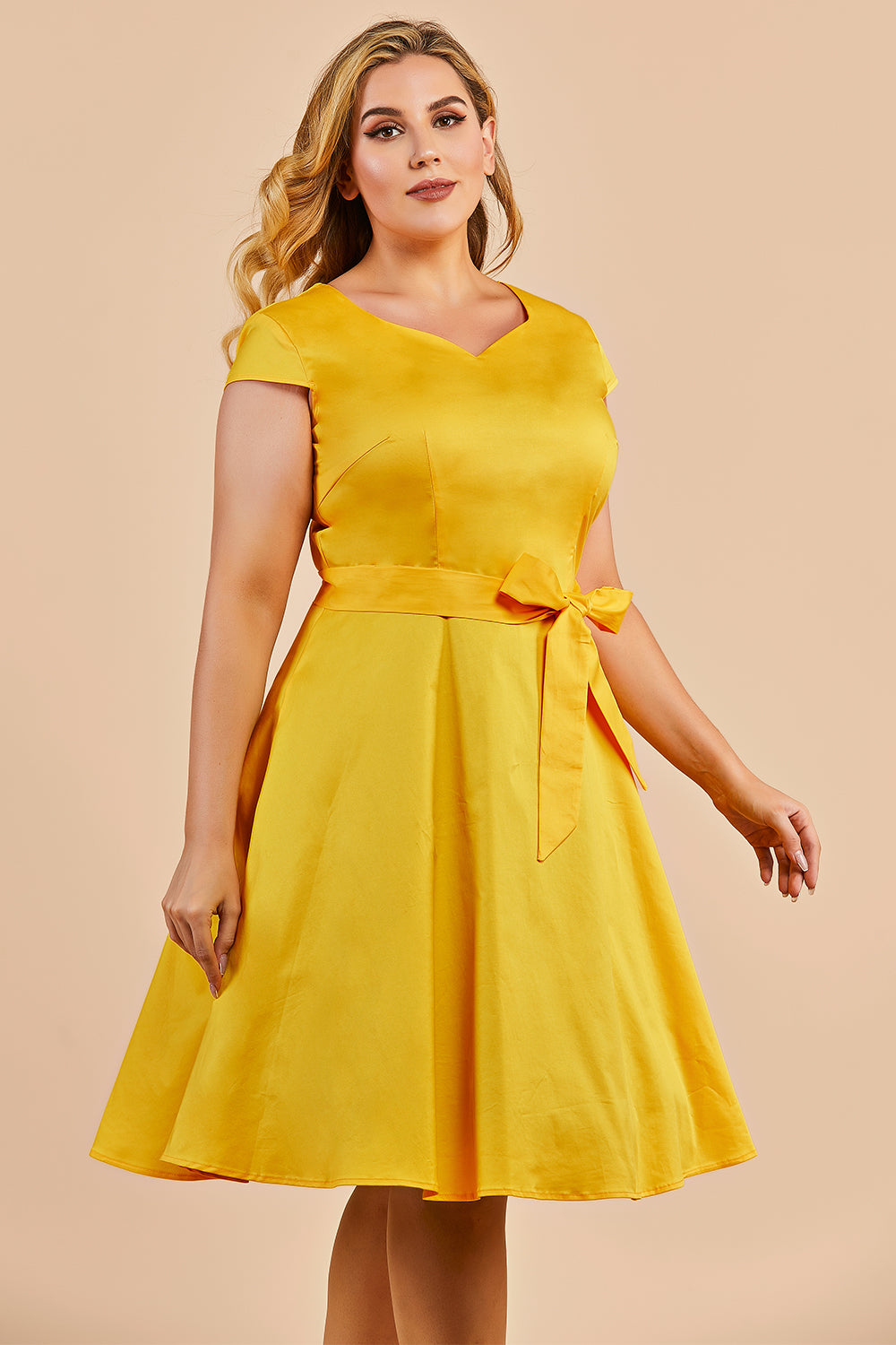 trække Hurtig kranium Zapaka Women Yellow Plus Size 1950s Dress V Neck Short Sleeves Swing  Vintage Dress – ZAPAKA