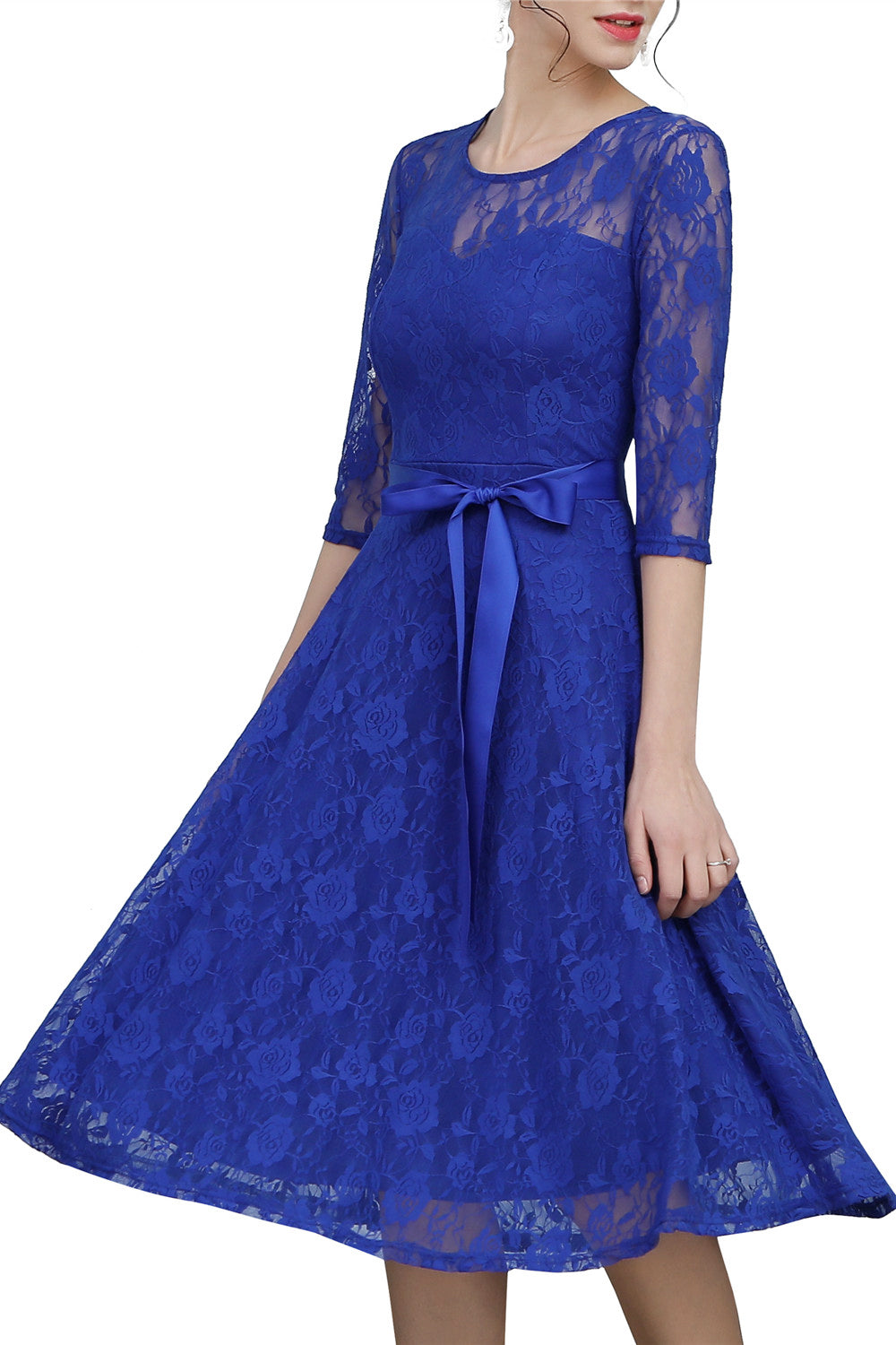 Royal Blue A Line Round Neck Midi Lace Semi Formal Party Dress 