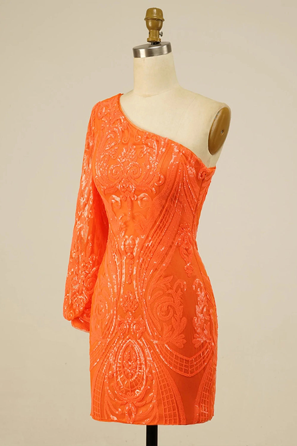 Bodycon One Shoulder Orange Sequins Short Homecoming Dress