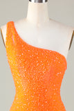 Sequins One-Shoulder Orange Tight Beading Short Homecoming Dress