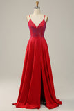 A Line Red Spaghetti Straps Beaded Long Prom Dress