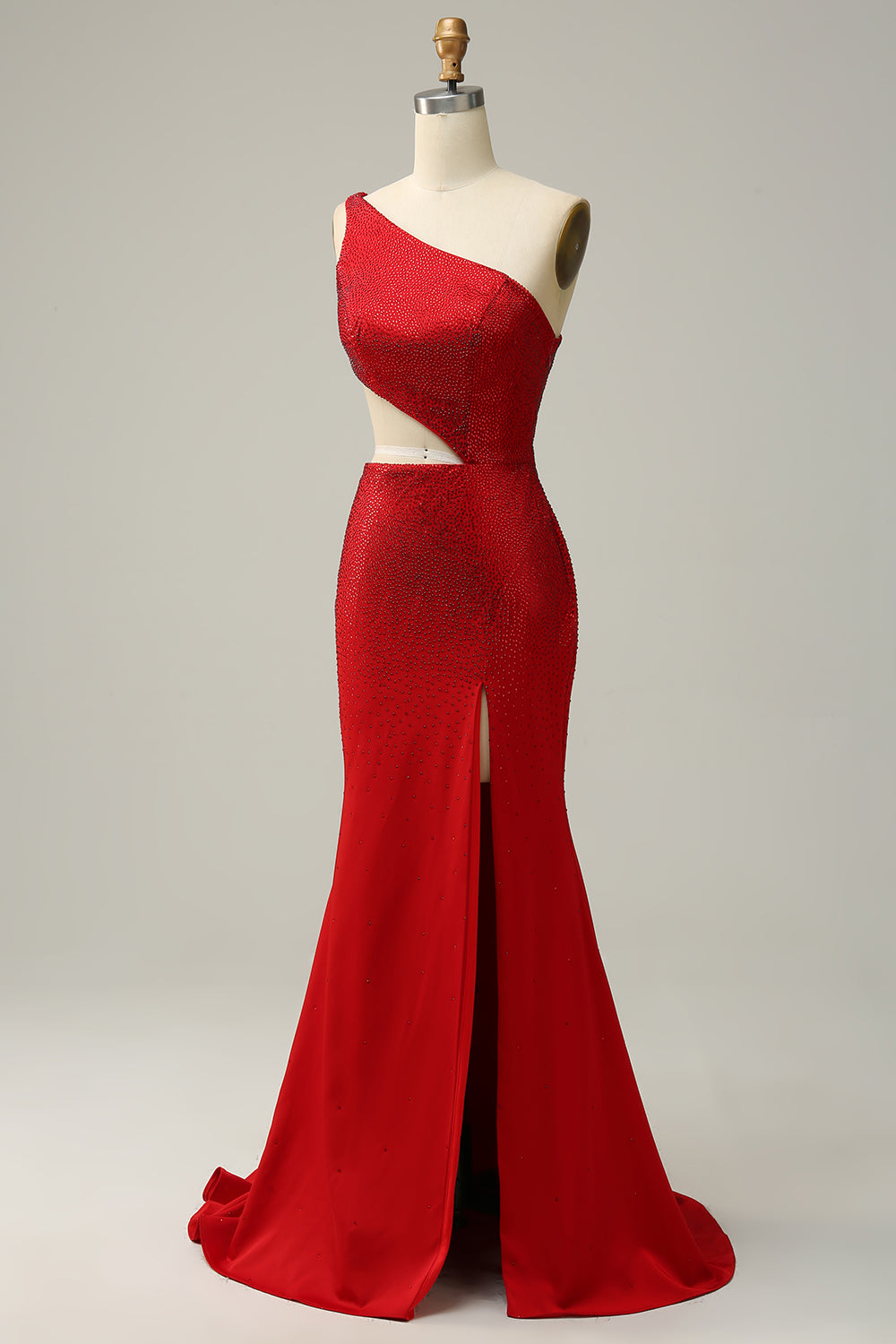 Mermaid One Shoulder Red Cut Out Prom Dress with Beading