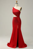 Mermaid One Shoulder Red Cut Out Prom Dress with Beading