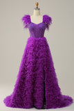 A Line Sweetheart Purple Long Prom Dress with Beading Feathers