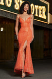 Sparkly Orange Mermaid Spaghetti Straps Sequins Prom Dress With Slit