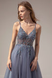Grey Blue A Line Spaghetti Straps Long Prom Dress With Slit