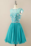 Turquoise Beaded Sleeveless Homecoming Dress