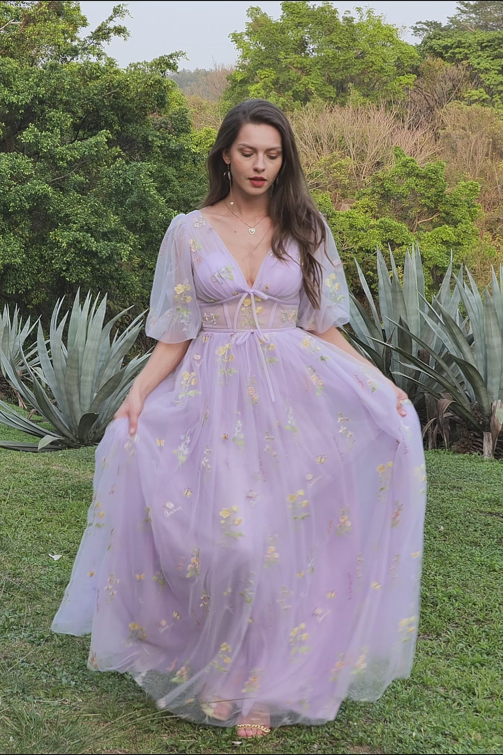 SMALAKAM Chiffon Bridesmaid Dress – Short V Neck With Sleeves, Lavender, Size 12