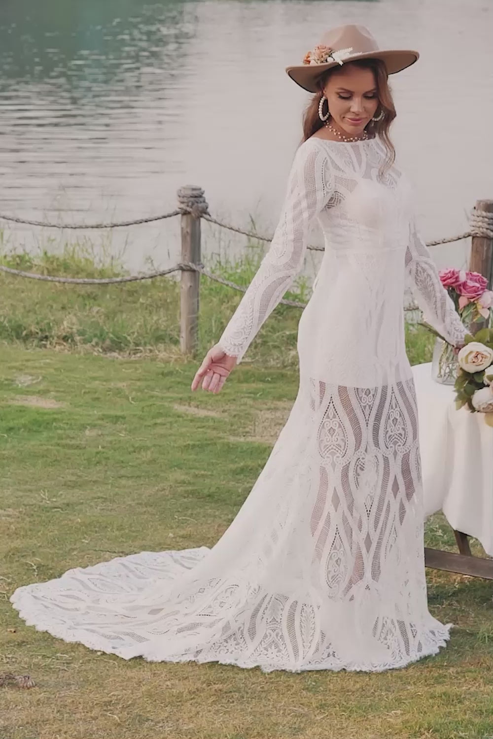 Zapaka Women Boho Wedding Dress Ivory Mermaid Long Sleeves Lace