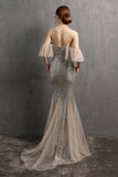 Champagne Sequin Long Prom Dress with Ruffles