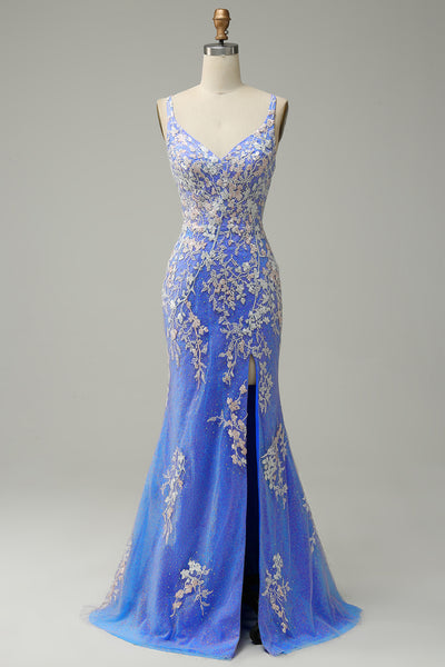 Zapaka Women Light Blue Long Prom Dress Mermaid V Neck Formal Dress ...