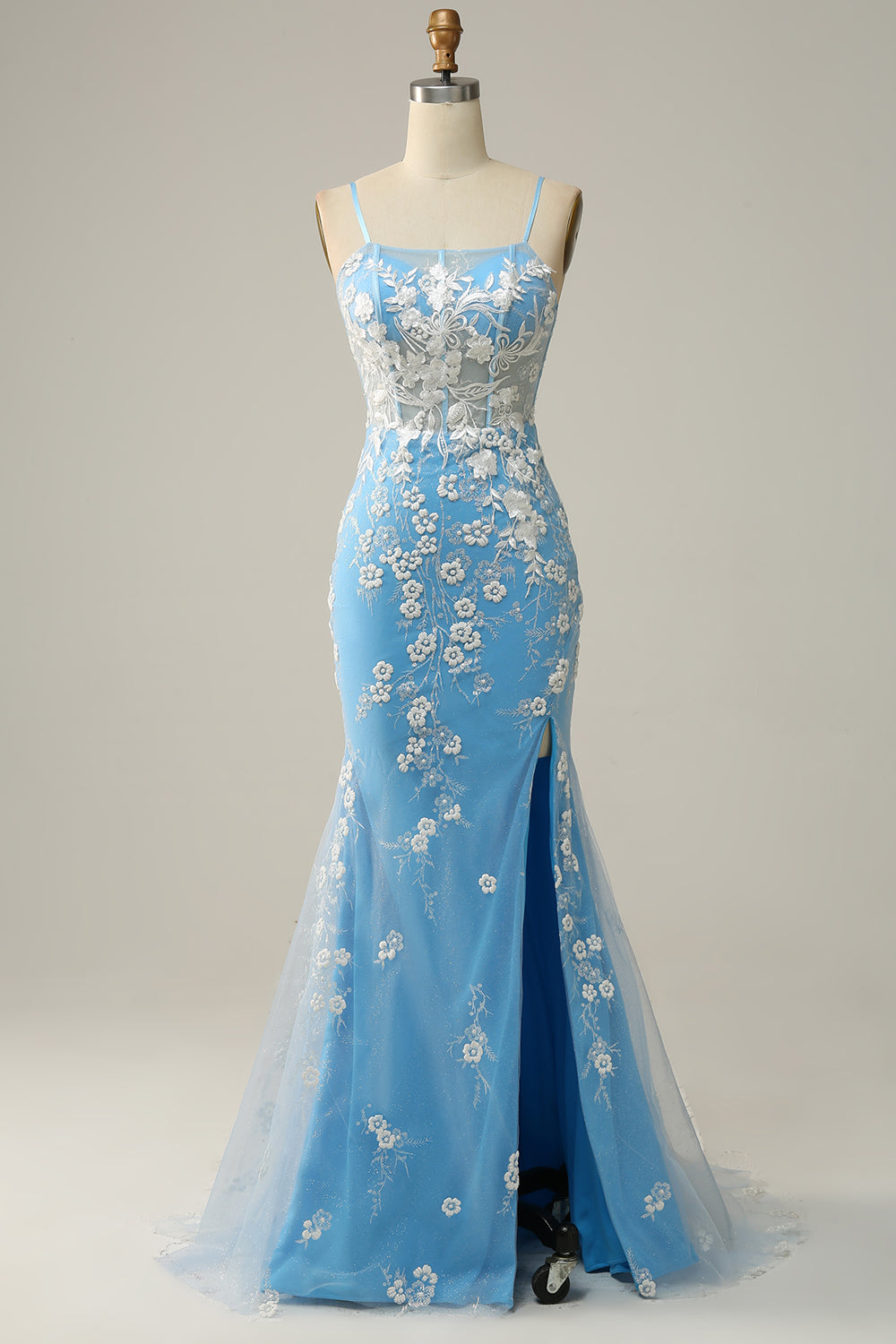 Mermaid Spaghetti Straps Blue Long Prom Dress with Appliques