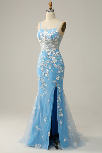 ZAPAKA Women Blue Long Prom Dress Mermaid Spaghetti Straps Formal Dress ...