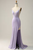 Mermaid Spaghetti Straps Lilac Long Prom Dress with Split Front
