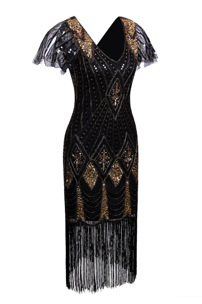 Zapaka Women's Black and Gold V-neck Sequins Glitter Fringe Vintage ...