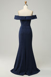 Navy Off The Shoulder Sparkly Sheath Long Bridesmaid Dress
