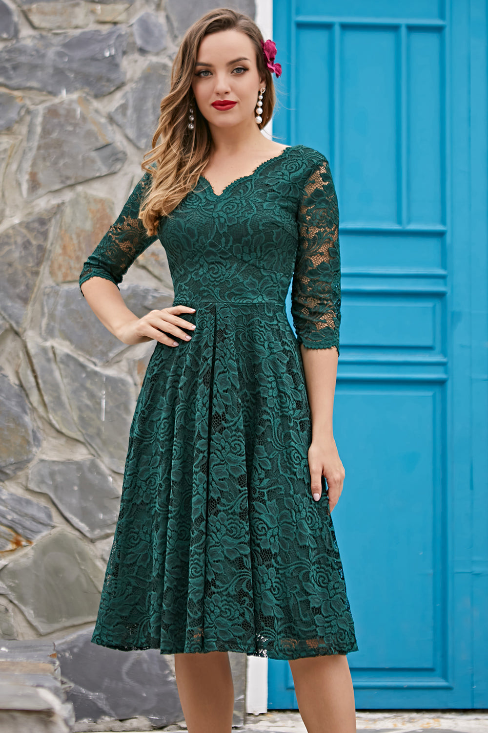 Lace Formal Dress with 3/4 Sleeves