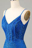Sparkly Royal Blue Beaded Spaghetti Straps Tight Short Homecoming Dress