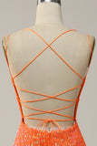 Mermaid Spaghetti Straps Orange Sequins Prom Dress with Split Front