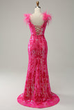 Mermaid Deep V Neck Fuchsia Sequins Long Prom Dress with Feathers