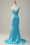 Mermaid Spaghetti Straps Blue Beaded Prom Dress