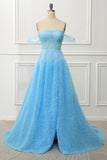 A Line Off the Shoulder Blue Corset Prom Dress with Ruffled