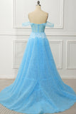 A Line Off the Shoulder Blue Corset Prom Dress with Ruffled