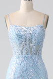 Sky Blue Sparkly Mermaid Corset Prom Dress with Sequins