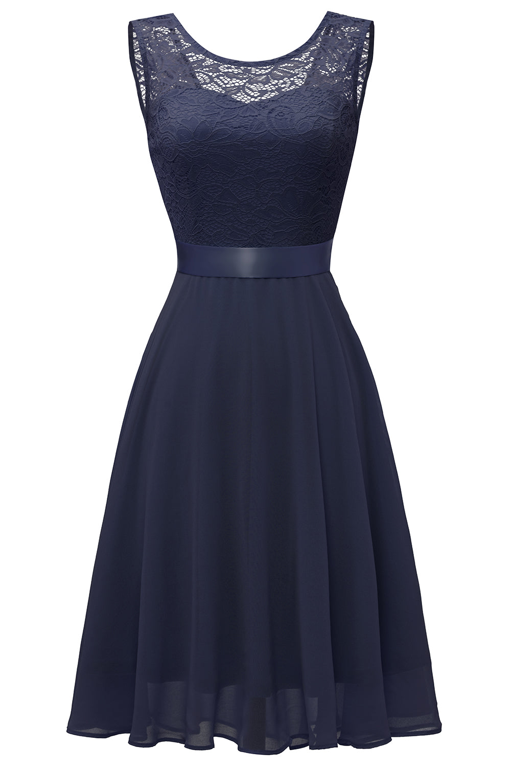 Navy Round Neck Lace Dress with Open Back