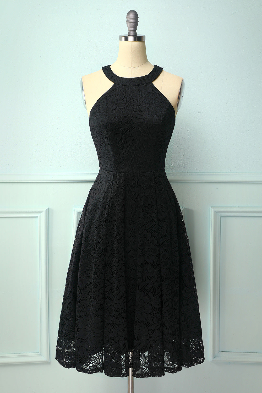A Line Halter Lace Midi Little Black Dress