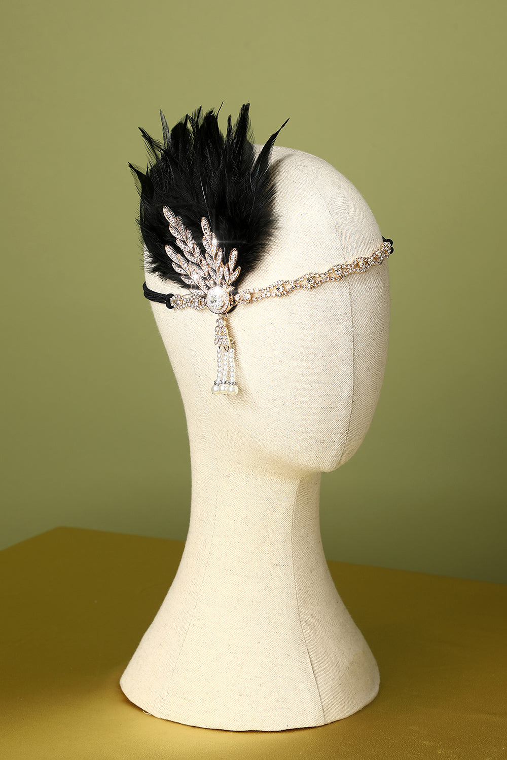 Black Beaded Feather Pearl 1920s Flapper Headband