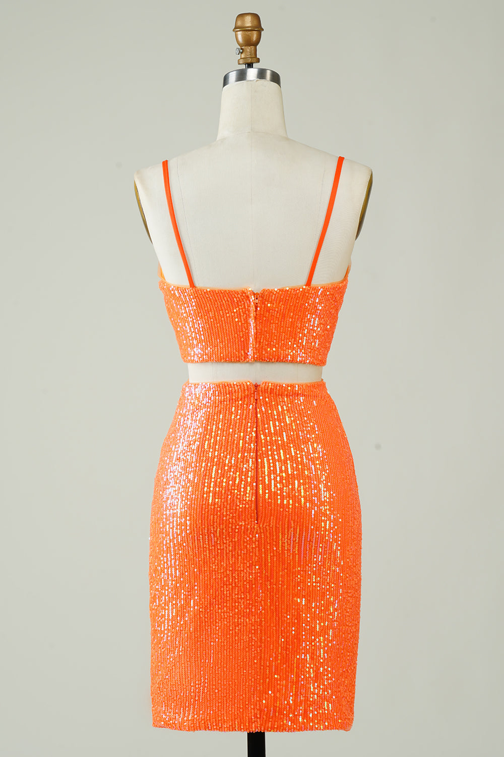 Two Piece Orange Sequins Tight Homecoming Dress