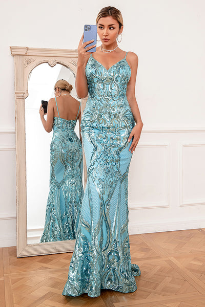 Zapaka Women Mermaid Prom Dress Blue Sequin Backless Long Evening Dress ...