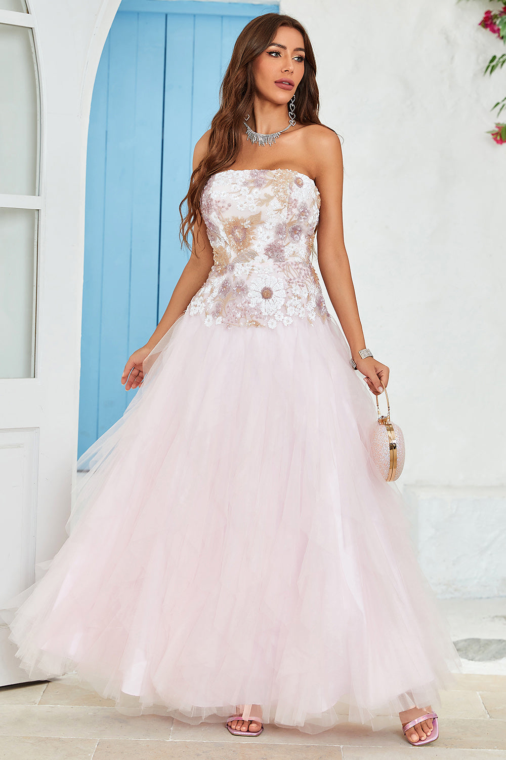 Strapless A Line Pink Tulle Prom Dress with Appliques