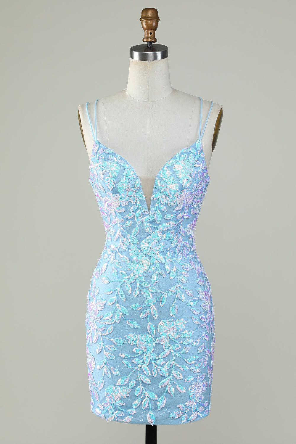 Sparkly Lace-Up Back Light Blue Homecoming Dress
