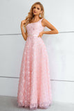 Pink A-Line Lace-Up Back Prom Dress With 3D Flowers