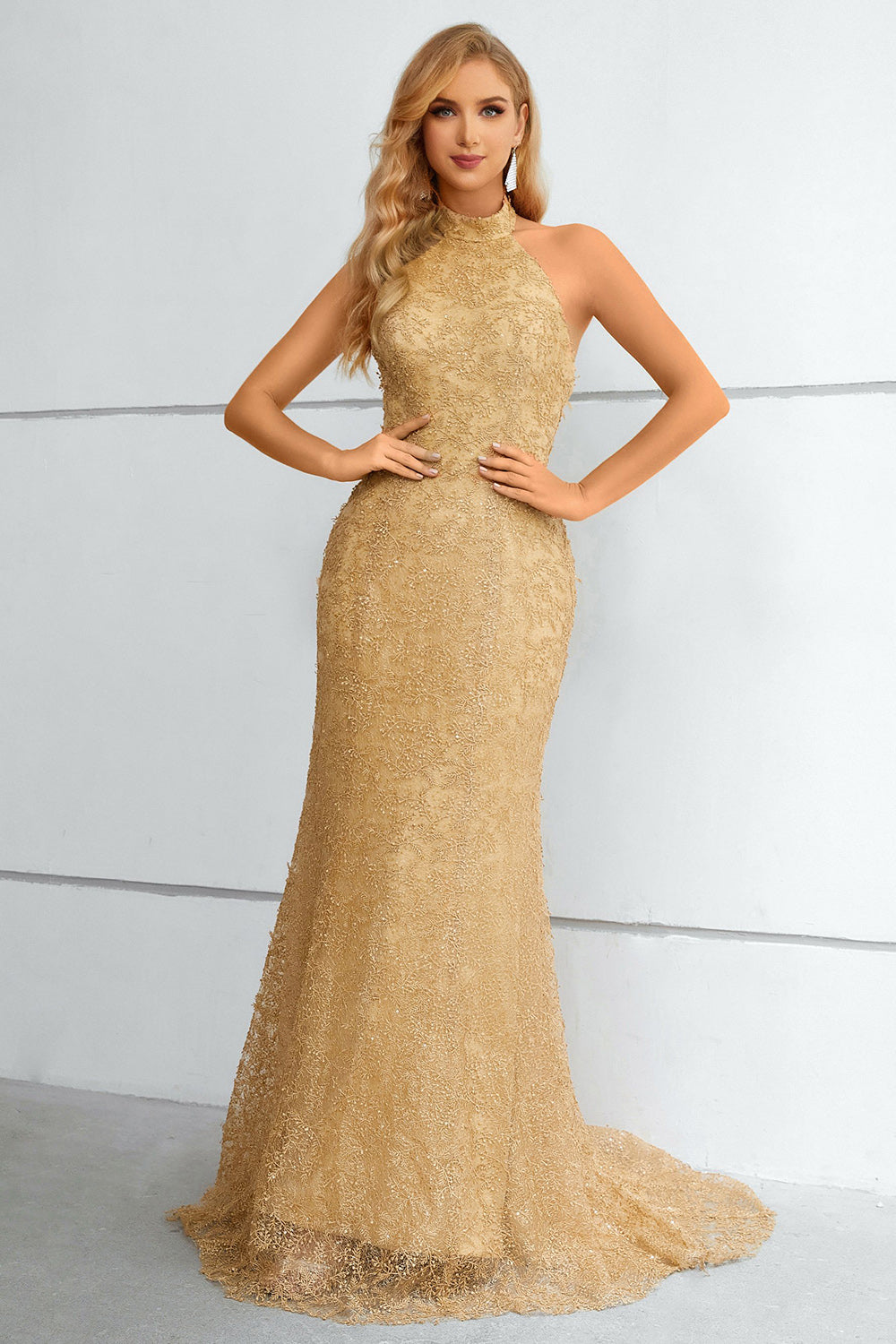 Golden Halter Neck Mermaid Prom Dress