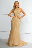 Golden Halter Neck Mermaid Prom Dress