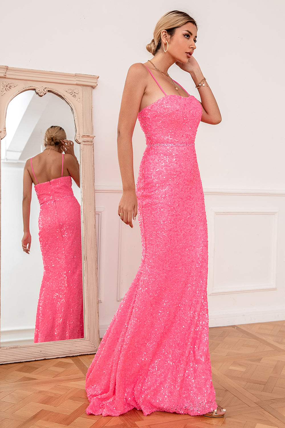 Hot Pink Sequin Spaghetti Straps Prom Dress