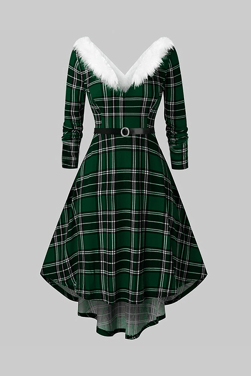 V Neck Green Plaid Christmas Dress with Fur Collar